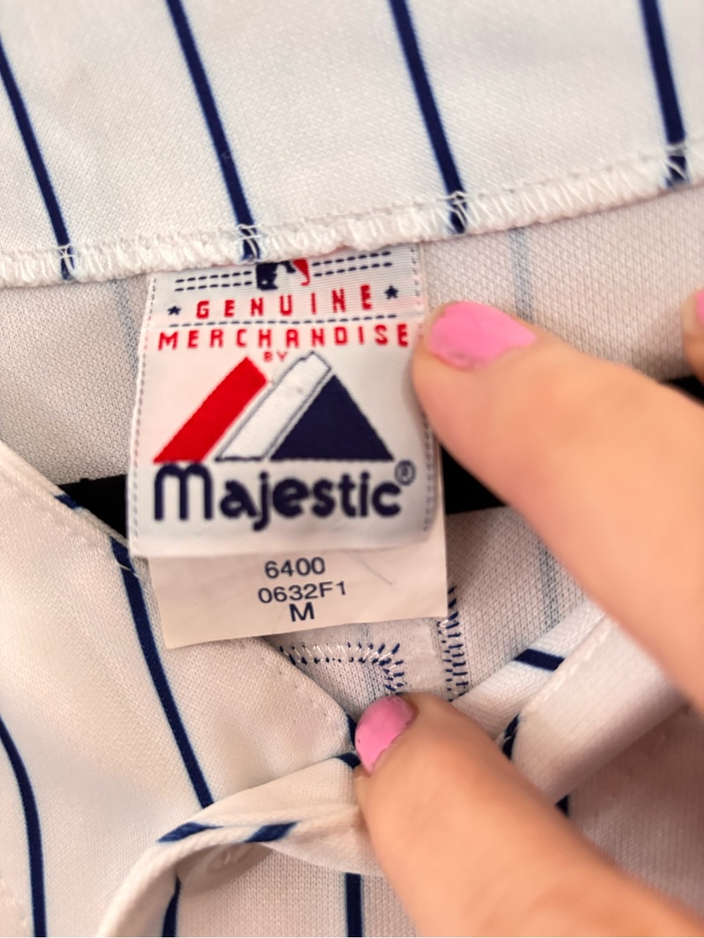 Majestic White Pinstripe Baseball Jersey with Blue and Red Logo - Picture 2 of 8